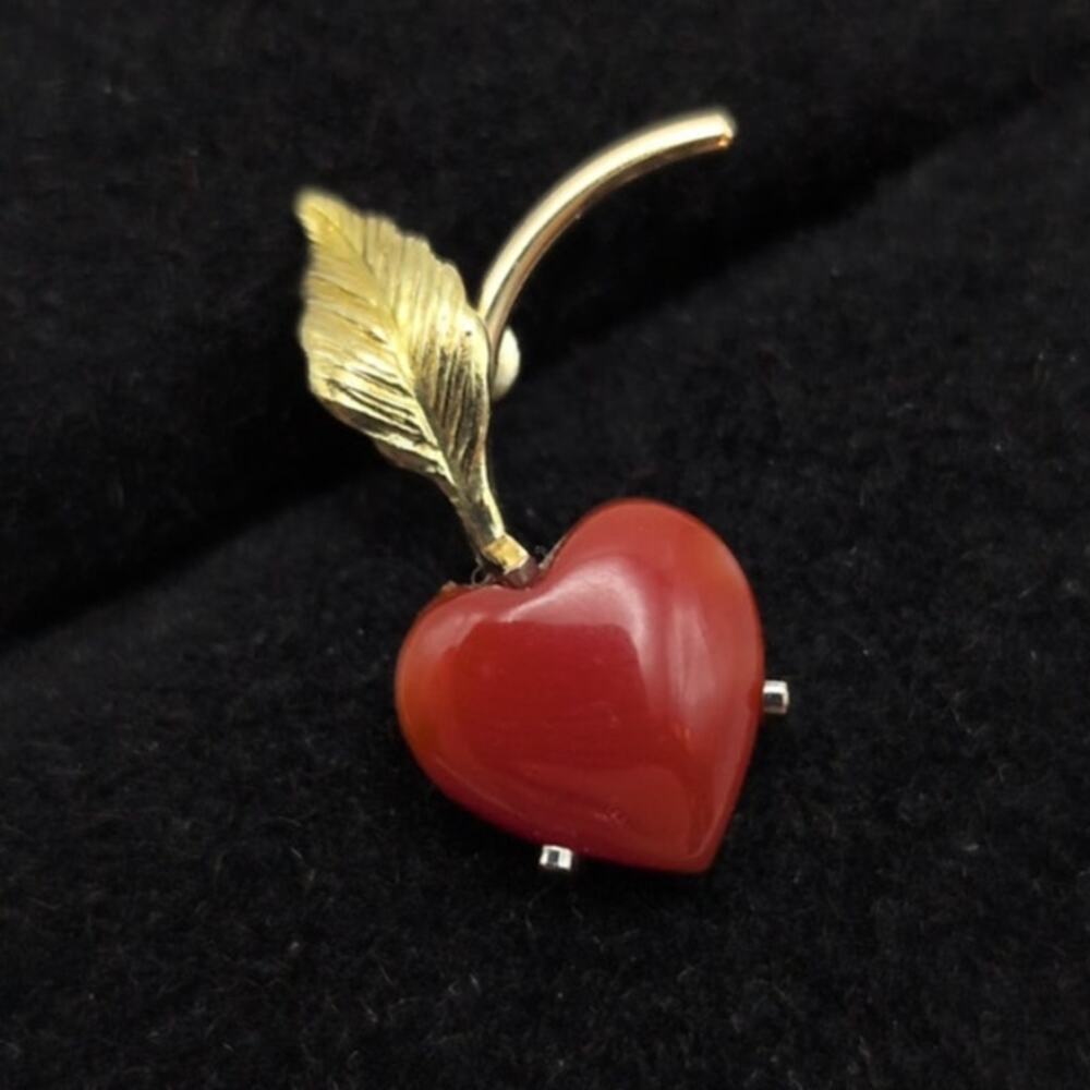 Vintage Krementz Mini Tiny Lapel Pin Red Coral Heart Leaf Cherry Gold Tone